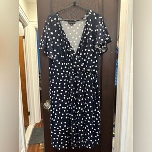 Fortune + IVY new navy white polka dot 1x Roanne Faux wrap knit dress